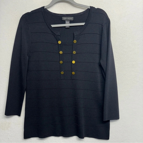 Cable & Gauge Blouse Black Knit Stripe 3/4 Sleeve Gold Button Detail L - Picture 1 of 7